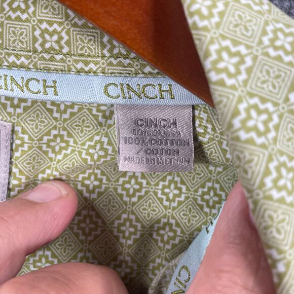 Cinch Button Down Western Shirt Men's Large Green Geometric Allover Cowboy - Picture 6 of 10